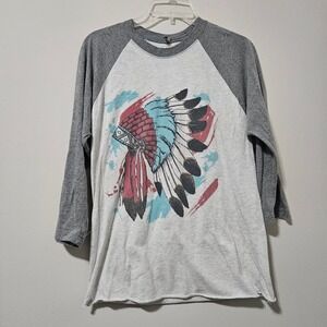 Lightheart Womens Headdress Graphic Raglan Baseball Tee Grey 3/4 Sleeve Medium